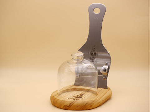 Trüffelhobel-Set mit Edelstahl-Hobel, Olivenholzplatte und Glasglocke