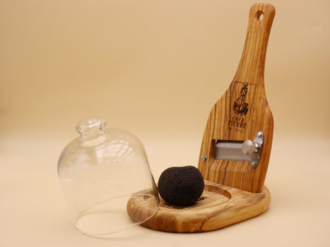 Trüffelhobel Set mit Hobel aus Olivenholz, Platte aus Olivenholz und Glasglocke